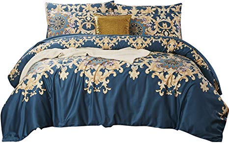 Softta Vintage European Floral Bedding Damask Queen 3 Pcs Luxury and Elegant Duvet Cover Boho Navy Blue 100% Egyptian Cotton 1000 Thread Count Hypoallergenic Teal