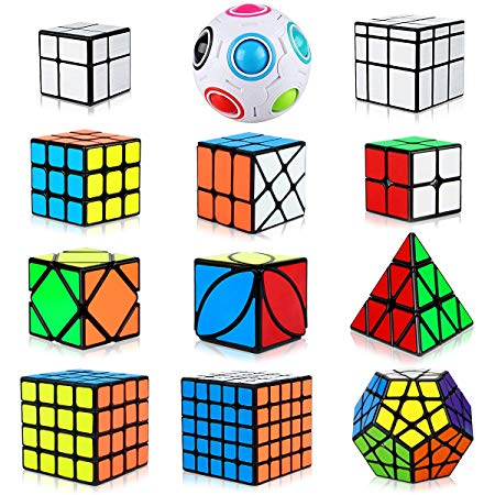 Dreampark Speed Cube Set, [12 Pack] Cube Bundle Pyramid Cube 2x2 3x3 4x4 5x5 Megaminx Skew Ivy Mirror Cube Magic Rainbow Ball Smooth Sticker Puzzle Cubes Collection for Kids