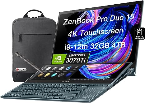 ASUS ZenBook Pro Duo 15 UX582 15.6" 4K OLED Touchscreen (Intel 14-Core i9-12900H, 32GB DDR5 RAM, 4TB SSD, GeForce RTX 3070 Ti) Business Laptop, ScreenPad Plus, Thunderbolt 4, Backlit, Pen, Win 11 Pro