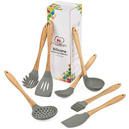 Silicone Cooking Utensils - 7 Piece Kitchen Utensil Set with Natural Wooden Handles - Heat Resistant and Non Scratch, the Perfect Tools for Nonstick Cookware - Made from BPA Free Food Grade Silicone