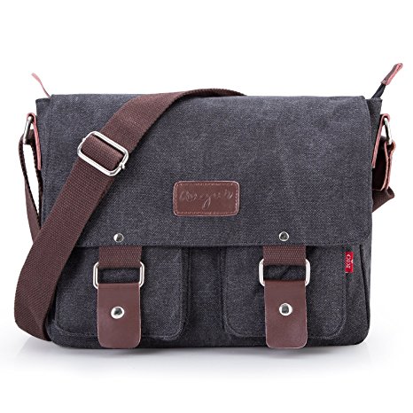 Bienna Vintage Canvas Messenger Bag Satchel Laptop Over Shoulder Crossbody Side Bags with Zipper for Men Women School Outdoor Sports EDC 13"-Black