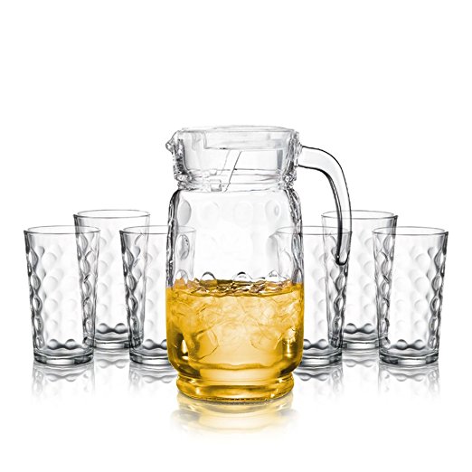 Glass Pitcher 60 Oz with Lid and Drinking Glasses Set - Decorative Jug and Six 12 Oz. Tall Cups (Dishwasher Safe)