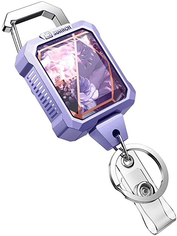 SURITCH Retractable Badge Holder Key Reel with Belt Clip Carabiner Ring for ID Card,Heavy Duty Anti-Lost Lanyards Keychain Cute Floral Women【18 Inch Steel Wire Cord】-Purple Marble