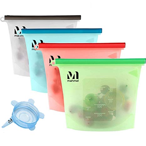 Reusable Silicone Food Storage Bag Airtight Seal Container For Microwave Freezer Cooking Sous Vide Lunch Snack Sandwich, Silicone Food Savers 4 Pack   Stretch Lid