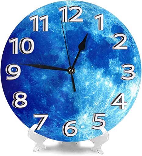 MySty Blue Full Moon Wall Clock, Silent Non-Ticking Quality Quartz Battery Operated Wall Clock - 10 Inch Round Easy to Read Decorative for Home Office School