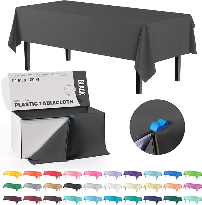 54 Inch X 100 Feet Black Plastic Table Cover Roll in A Cut - to - Size Box with Convenient Slide Cutter. Cuts Up to 12 Rectangle 8 Feet Plastic Disposable Tablecloths - Exquisite