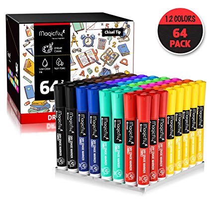 Magicfly Dry Erase Markers Bulk with Chisel Tip, Pack of 64, Low-Oder Ink 12 Colored Dry Erase Markers, Whiteboard Pens Perfect for School, Office, Home, Art Supplies