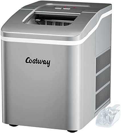 COSTWAY Ice Maker for Countertop, Bullet Ice Cubes Ready in 8 Mins, 26LBS/24H portable Ice Machine with Self-cleaning Function, Scoop and Removable Basket for Home, Office, Party and Bar (Silver)