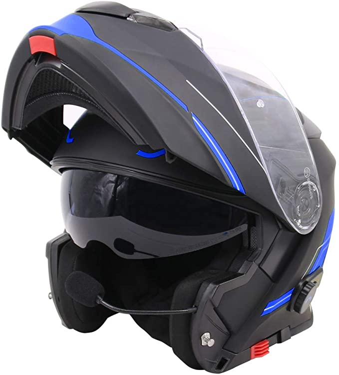 Leopard LEO-727 BL-A4 Anti-fog Visor Flip up Motorbike Bluetooth Helmet Motorcycle Dual-Speaker Headset,Hands-Free - Matt Black/Blue XXL (63-64cm) - Noise-Free,Automatic Answering,Double Visor