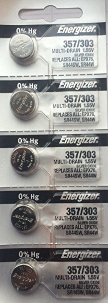 Energizer 357/303 (SR44W, SR44SW, EPX76) Silver Oxide Multi Drain Watch Battery. On Tear Strip (Pack of 5)