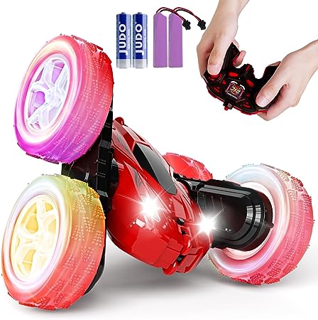 28℃ RC Cars Stunt Car Toy Remote Control Car, Remote Control Monster Trucks 4WD 2.4Ghz RC Rock Crawler with Headlights Wheel Lights, Double Sided 360° Flips RC Car Toys Gift for Kids Boys Girls (Red)