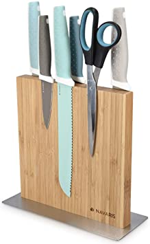 Navaris Wood Magnetic Knife Block - Double Sided Wooden Magnet Holder Board Stand for Kitchen Knives, Scissors, Metal Utensils - Bamboo, 8.9 x 8.7 in