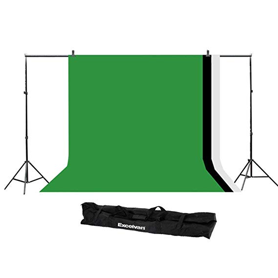 Excelvan? Studio Photo Portable Backdrop Stand Kit - 10x6.5 ft Stand   3 x 9ft(L) x 6ft(W) Photography Backgrounds (Green/Black/White)   2 Backdrop Clamps   Carry Bag (Black) for Photography and Portrait