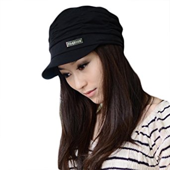 LOCOMO Women Girl Fashion Design Drape Layers Beanie Rib Hat Brim Visor Cap FFH010BLK Black