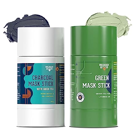 Beardhood Charcoal Face Mask Stick & Green Tea Cleansing Mask Stick For Face | Reduces Blackheads, Whiteheads | Skin Detox, Oil Control & Anti-Acne | Purifying Solid Clay Detox Mud Mask