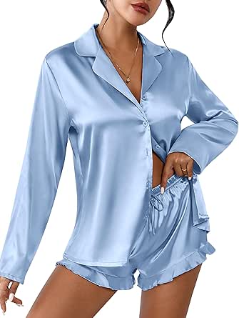 Ekouaer Womens Satin Pajama Sets Long Sleeve Top and Shorts Lounge Set Button Down Sleepwear S-XXL