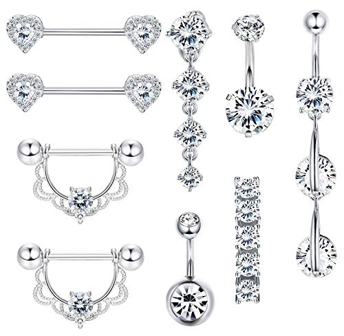 FIBO STEEL 9-10 Pcs Dangle Belly Button Rings for Women Girls 316L Surgical Steel Curved Navel Barbell Body Jewelry Piercing