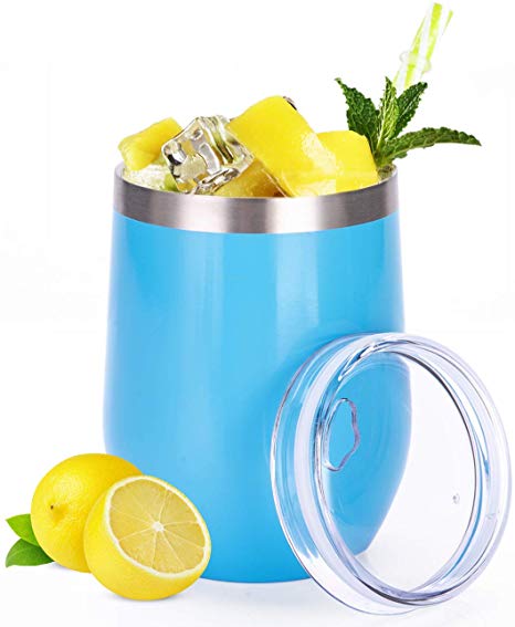 SULIVES 12 oz Stainless Steel Stemless Wine Glass Tumbler with BPA Free Lid, Double Wall Vacuum Insulated Unbreakable Travel Tumbler Cup with Powder Coated for Coffee, Wine, Cocktails - Blue