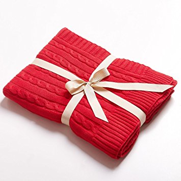 NTBAY 100% Cotton Cable Knit Throw Blanket Super Soft Warm Multi Color(51”x 67”, Christmas Red)