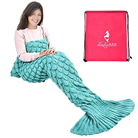 Handmade Mermaid Tail Blanket Crochet, iBaby888 All Seasons Warm Knitted Bed Blankets Sofa Living Room Quilt for Adults, 70.9" x 35.5", (180 x 90cm, Fish-scales Green)
