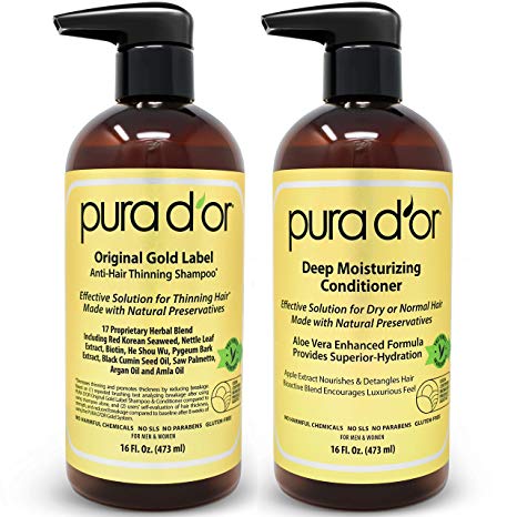 PURA D'OR Biotin Anti-Thinning Deep Moisturizing Gold Label Shampoo & Conditioner Set, Clinically Tested Effective Solution with Natural Ingredients, All Hair Types, Men & Women (Packaging may vary)