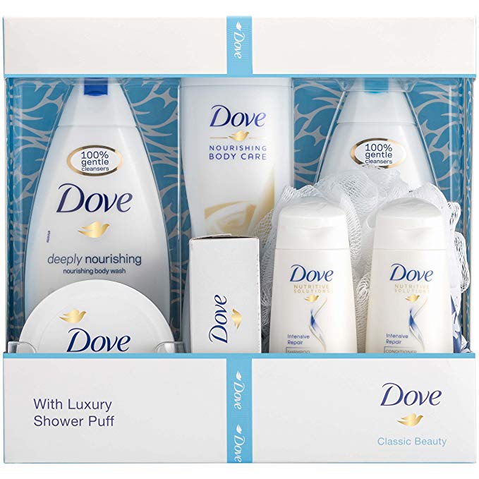 Dove Classic Beauty Collection Shampoo, Conditioner, Body Wash, Body Lotion, Body Creme and Puff 8 Piece Gift Set