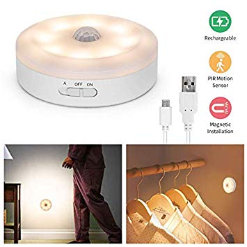 Closet Light Motion Activated USB Rechargeable LED Under Cabinet Lighting Ultra Bright Warm White Safe Light Magnet Stick-on Bedside Counter Drawer Bookcase Wardrobe Stairs Kitchen Hallway (1 Pack)
