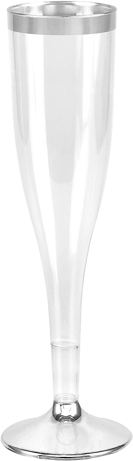 Plastic Champagne Glasses with Silver Rim, 50-Pack Disposable or Reusable Wine Glasses, 7 oz
