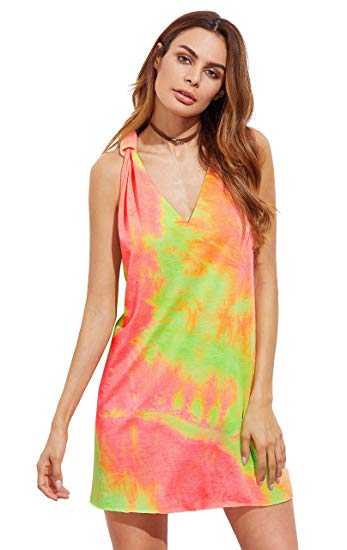 Romwe Women's Sleeveless V Neck Tie Dye Tunic Tops Casual Swing Tee Shirt Dress