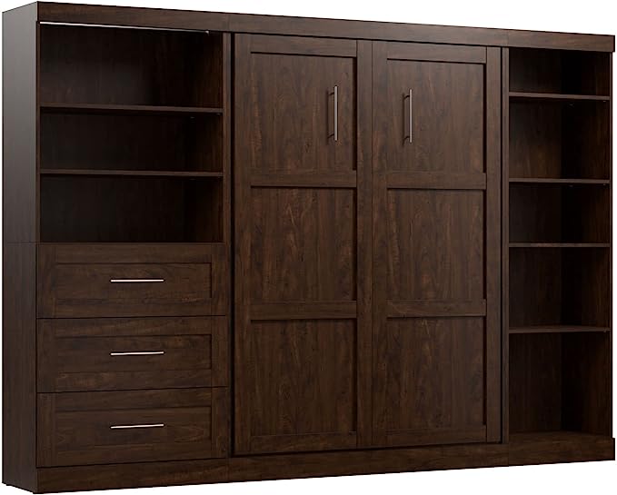 Bestar Pur Full Murphy Bed with Shelving and Drawers, 120-inch Space-Saving Wall Bed with Storage