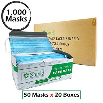 3-Ply Disposable Earloop Face Mask for Professional Medical, Dental, Salon Use (1,000 Masks / 20 Boxes, Blue)