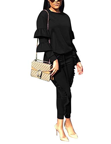Women 2 Pieces Outfits Puff Sleeve Top and Long Flounced Pants Sweatsuits Set Tracksuits
