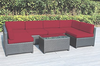 Ohana Mezzo 7-Piece Outdoor Wicker Patio Furniture Sectional Conversation Set, Black Wicker with Red Cushions - No Assembly with Free Patio Cover