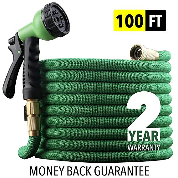 EnerPlex [2019 NEW] HEAVY DUTY 100 ft Non-Kink Expandable Garden Hose, 10-PATTERN Spray Nozzle INCLUDED, 3/4” Brass Fittings Shutoff Valve, STRONGEST EXPANDABLE HOSE - 2 YEAR WARRANTY - GREEN