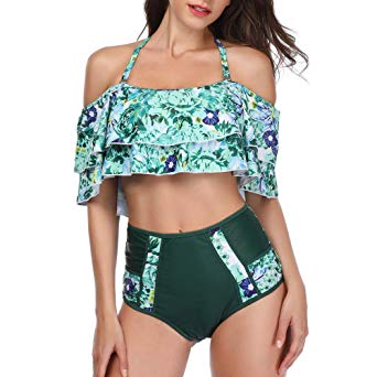 Smismivo Two Piece Ruffled Flounce Bikini Swimsuit for Women Vintage Printed Bathing Suit Off Shoulder Halter Swimwear