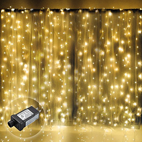 Excelvan Safe Low Voltage Window Curtain Light 19.6x9.8FT 600 LEDs Christmas Curtain Transparent String Fairy LED Lights for Christmas, Wedding, Home, Party, Holiday Decoration, Warm White