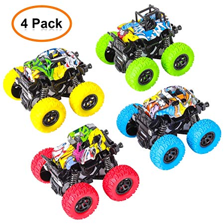 m zimoon Monster Inertia Truck, 4 Pack Off-road Vehicle Toy Four-Wheel Race Cars with 360 Degree Rotation Gift for Kids (4 Colors)