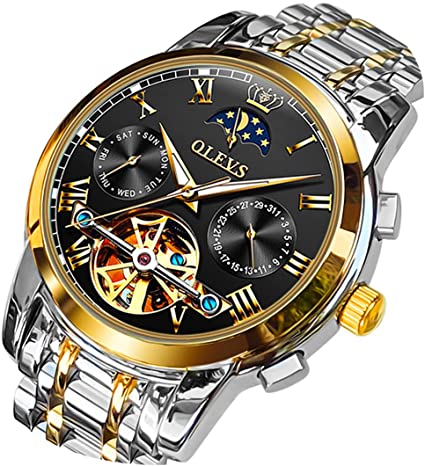 OLEVS Mens Watch Automatic Mechanical Winding Moon Phase Stainless Steel Two Tone Date Waterproof Luminous