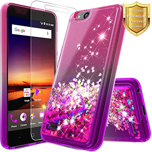 NageBee Glitter Liquid Quicksand Case Compatible ZTE Blade Vantage/Fanfare 3 /Avid 4 /Tempo X/AVID (557)/ZFive G/ZFive C LTE (Z557BL,Z558VL)/Tempo GO w/[Tempered Glass Screen Protector]-Pink/Purple