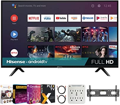 Hisense 43H5500G 43 Inch H55 Series FHD Smart Android TV with DTS Studio Sound Bundle with Premiere Movies Streaming   37-100 Inch TV Wall Mount   6-Outlet Surge Adapter   2X 6FT 4K HDMI 2.0 Cable