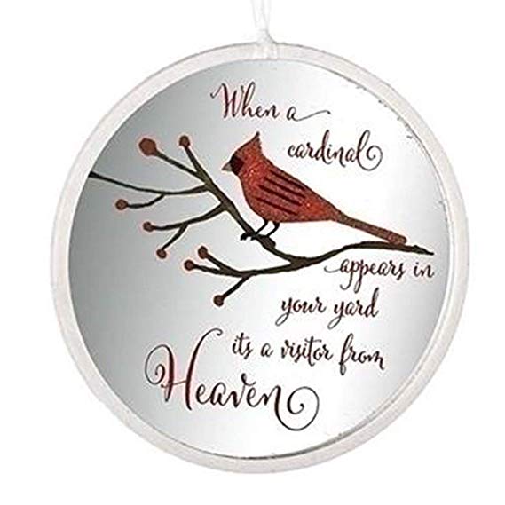 Cardinal Visitor From Heaven Glitter 4.5 Inch Glass Memorial Disk Christmas Ornament
