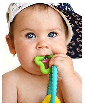 Nuby Chewy Charms Neutral/Star and Triangle Silicone Teether, Teal/Green/Yellow