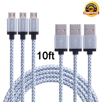 Sunnest 3 Pack 10FT Extra Long Nylon Braided Micro USB Cable High Speed USB 20 A Male to Micro B Sync and Charging Cord Wire Universal for Samsung HTC Motorola Nokia Android and MoreWhite