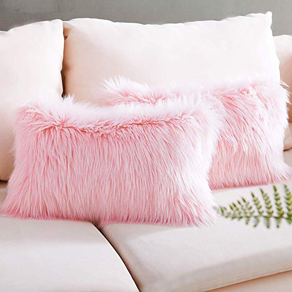 Foindtower Set of 2 Lumbar Faux Fur Square Decorative Throw Pillow Covers Plush Soft Cushion Cover Pillowcases for Livingroom Couch Sofa Nursery Bed Home Decor 12x20 Inch (30x50cm) Pink