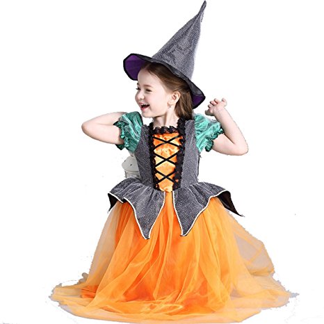 Cute Halloween Pumpkin Witch Dress Costume Set with FREE Witch Hat for Girls age 3-12