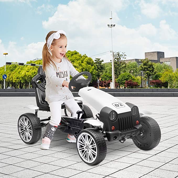 HOMFY Pedal Go Kart Children Ride on Racing Car Toys Adjustable Seat, Handbrake and Shift Lever (White)