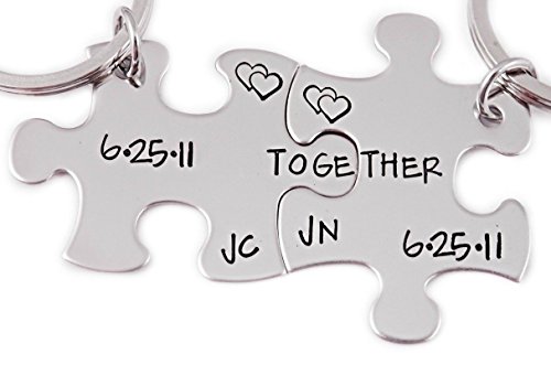Together Personalized Initial & Date Puzzle Piece Keychain Set of 2 - Hand Stamped Key Chain