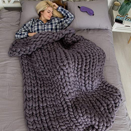 eacho Chunky Knit Blanket Soft Bulky Hand Made Throw for Bedroom Sofa Decor Super Large,Dark Grey,47"x71"