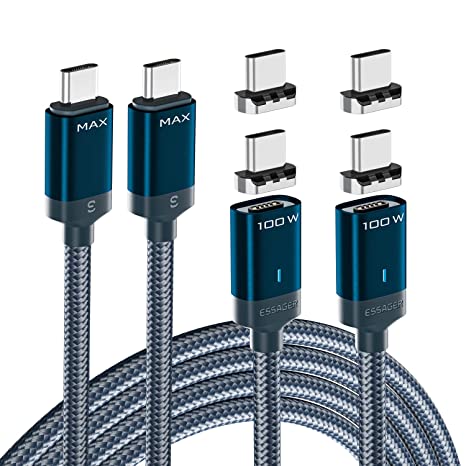 ESSAGER 100W USBC Magnetic Charging Cable, Fast Charging Data Transfer Magnetic Charger Cable 2 Pack 3.3ft 6.6ft(Blue)