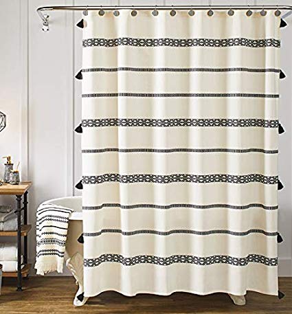 YoKii Tassel Fabric Shower Curtain, Black and Beige Striped Fringe Boho Polyester Bath Curtain Set, Hotel Spa Heavy Weighted 78-Inch Extra Long Bathroom Curtains (72 x 78, Black and Beige)